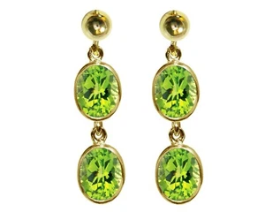 9ct Oro Amarillo Natural Peridoto Doble Colgante Tuercas Pendientes Británico - Imagen 1 de 4