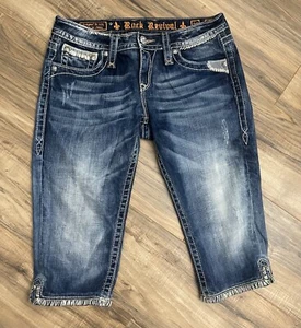 Rock Revival Women's Sasha Capri Size 29 Thick Stitch Sequin Blue Jeans - Picture 1 of 4