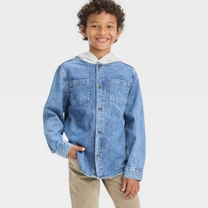 Boys' Long Sleeve Hooded Shacket - Cat & Jack Medium Wash L (10/12) 30269 - Picture 1 of 6