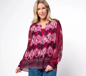 LOGO by Lori Goldstein Printed Chiffon Blouse with Knit Tank Persian Red M - Picture 1 of 6
