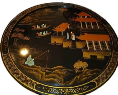 Mesa de pedestal redonda pintada a mano estilo asiático tapa de vidrio acento de 30 pulgadas de diámetro Foto 1 de 4