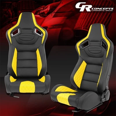 Universal Yellow Vinyl Leather Reclinable Racing Seats w/Dual Sliders Left+Right - Image 1 of 4