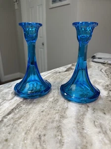 Vintage Turquoise Blue Cut Glass Candlestick Holders 7” Tall Flared Base Pair - Picture 1 of 5
