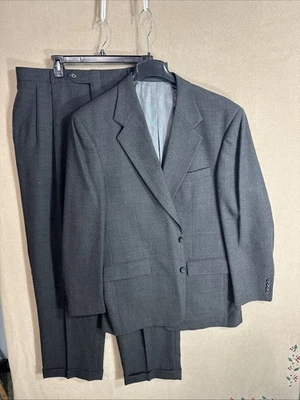 Vintage Oliver 44L Dark Gray Striped Textured 2 Piece Suit 36x32 Wool Custom TMB - Image 1 of 4