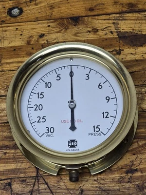 Vintage Industrial 7" Brass U.S. Gauge Vacuum Pressure Gauge Steampunk Mancave - Image 1 of 4