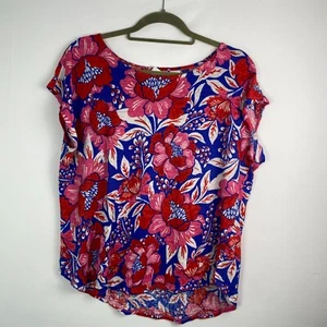 Sigrid Olsen Gr. XL 100% Leinen Top geblümt rosa rot blau Flügelärmel Freizeit Arbeit - Bild 1 von 10