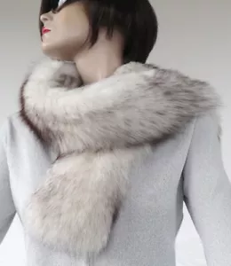 Fur Scarf Blue Fox Stole Collar Fur Coat Trim Neck Warm Natural Wool White - Picture 1 of 8