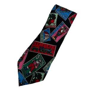 Vintage Addiction Christmas Tie Santa Claus Stamp Handmade Silk Xmas 90s Flaw - Picture 1 of 6