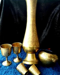 Vintage Brass Engraved Bowl Vase Pot Short Glass&Footed made India Collectible - Picture 1 of 12