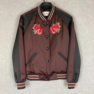 Coach Jacket Womens XXS Maroon Black Floral Embroidery Varsity Bomber NWOT - Picture 1 of 8