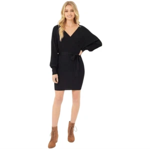 Love Tree -1218 NWT Short Belted Knit Dress Long Sleeve Black Medium - Picture 1 of 11