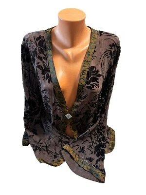 复古 Anis A. 女式大号棕色 100% 真丝串珠花卉天鹅绒开衫 — 第 1/4 张图片