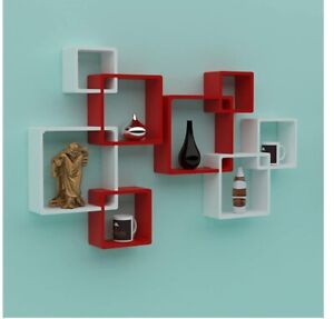 Wooden wall shelf (Set of 8), intersect wooden shelf (Red and White)