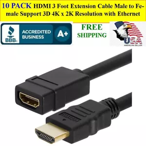 10 PACK HDMI 3 FT Extension Cable Male to Female 3D 4K x 2K Resolution - Picture 1 of 3