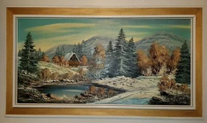 LARGE 114x64cm ORIGINAL OIL PAINTING MOUNTAIN WINTER SCENE SNOW LAKE - Picture 1 of 7