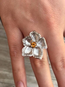 $500. .61CT NATURAL CITRINE & DIAMOND FLOWER STERLING SILVER RING SIZE 6.75 NEW - Picture 1 of 12