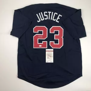 Autographed/Signed David Justice Atlanta Blue Baseball Jersey JSA COA - Picture 1 of 4