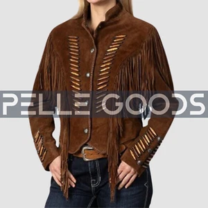 Chaqueta de gamuza con flecos occidentales marrón para mujer, estilo clásico vintage, aspecto boho chic - Imagen 1 de 4
