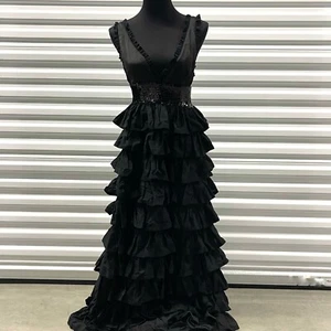 MANOUSH Tiered Ruffle Deep V neck Dress Black Size 8 floor length - Picture 1 of 13