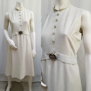 Vintage 1960s SILVER LUREX DRESS with Rhinestone Buttons & Belt - Size M - Picture 1 of 9
