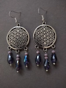 Earrings Handmade Chandelier Round Silver Iridescent Purple Crystal Drop Dangle - Picture 1 of 1