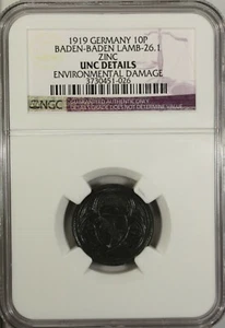 Germany 10 Pfennig 1919 NGC UNC Details Baden - Baden Lamb-26.1 Zinc - Picture 1 of 4