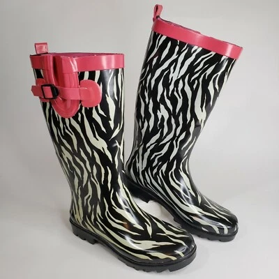 Nuevas botas de barro de lluvia con estampado de cebra Capelli New York ajustables talla 7 para mujer Foto 1 de 4