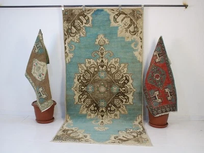 Vintage Hand Knotted Area Rug Blue Turquoise Brown Oushak Medallion 4x8 ft - image 1 of 4