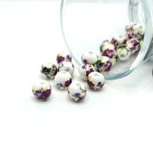Purple and White Flower Porcelain Beads, 8x8mm - US Seller - Picture 1 of 5