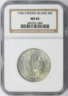 1936-S 50c Rhode Island Silver Half Dollar Commemorative NGC MS65 - Image 1 of 4