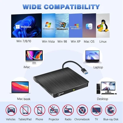 External CD/DVD Drive, USB 3.0 Portable +/-RW, DVD Player for CD ROM Burner - Image 1 of 4