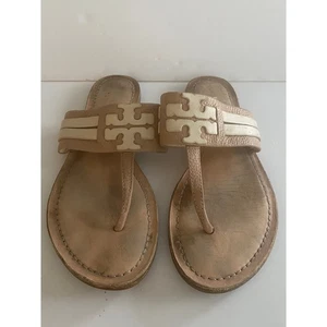 Tory Burch Leigh Flip Flop Sandal Tan Leather Women's Size 8.5 - Picture 1 of 6