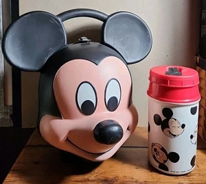 Fiambrera de plástico con cabeza de Mickey Mouse Aladdin Disney de colección de los años 80 con termo EE. UU. - Imagen 1 de 7
