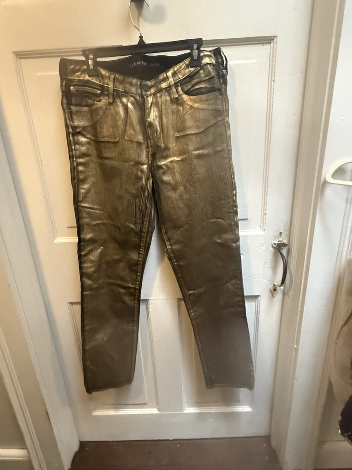 Calvin Klein Men’s Unicorn Rare Gold Metallic Ultra Skinny Jeans Size W33 L32 - Image 1 of 4