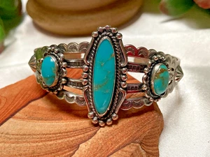 Fred Harvey Era Bell Trading Post Turquoise Three Stone Sterling Cuff Bracelet - Picture 1 of 16