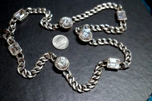 Large Faceted CZ Silver Stainless Steel Heavy Curb Chain Necklace 22" Long - Picture 1 of 7