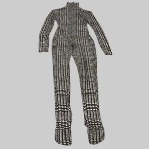 NORMA KAMALI Sleeve Open Back Catsuit Footsie Women's Sz M/38 Chocolate Plaid - Picture 1 of 13