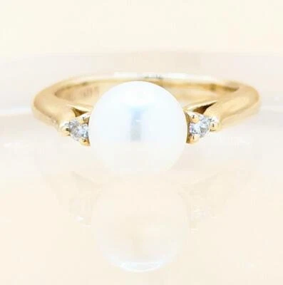 Lindo anillo de diamantes y perlas cultivadas de oro amarillo macizo de 14K de 3,75 g de 7,5 mm tamaño-3,5 Foto 1 de 4