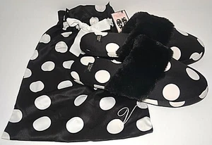 Victoria's Secret SIGNATURE SATIN SLIPPERS FAUX FUR POLKA DOT BLACK WHITE L 9 10 - Picture 1 of 7