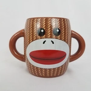Mug Sock Monkey Double Handle 2 Handled Coffee Cocoa Cup EUC - Picture 1 of 5