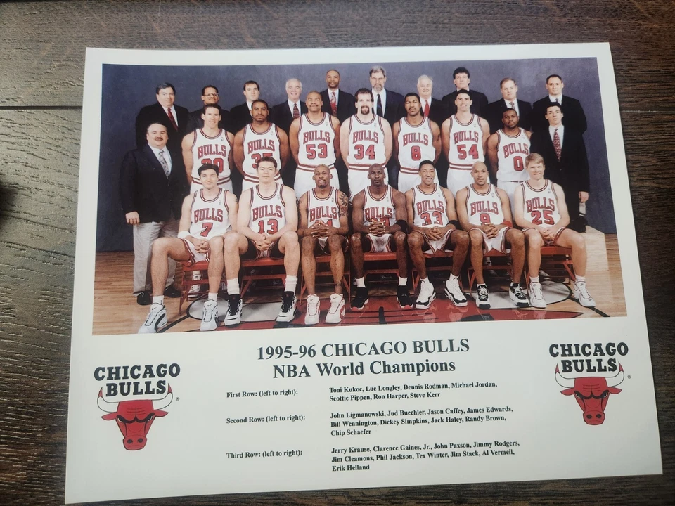 1995-96 Chicago Bulls команды 8 x 10 чемпионов НБА Джордан Пиппен 72-10 - Изображение 1 из 1
