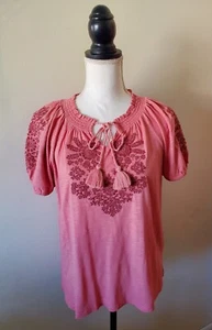 Style & Co Women's PM Embroidered Tassel-tie Top Short Sleeve Cotton Blend Coral - Picture 1 of 18
