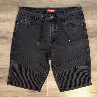 Guess Bradley Moto Black Denim Bermuda Shorts Mens 36 Ribbed Knee Drawstring - Image 1 of 4