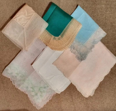 LOT of 6 VINTAGE HANKIES Assorted  Sheer Old Lace Floral Mandolin Violin Music - Image 1 of 4
