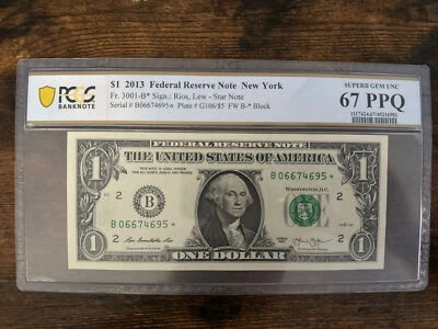 2013 $1 ST✯R Bill from NY "FRB" UNC-GEM PCGS "67PPQ" DUPLICATE - B 0 66 7469 5 ✯ - Image 1 of 4