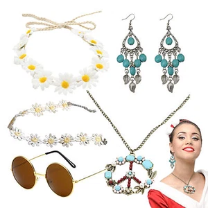 Hippie Disco 60s 70s Costume Accessories Glasses Daisy Peace Necklace Set - Picture 1 of 12