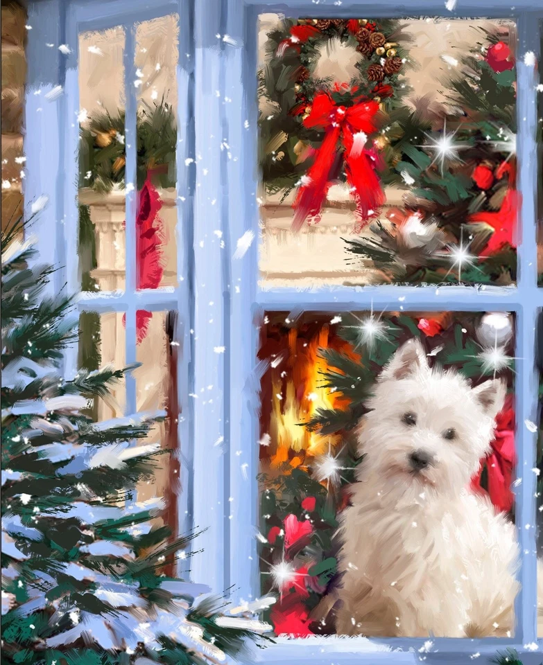 35" Fabric Panel - David Textiles Digital Christmas Dog Winter Window Scene - Image 1 of 1