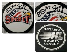 Mike Brown Jesse Jenish DUAL SIGNED SAGINAW SPIRIT VINTAGE OHL PUCK 