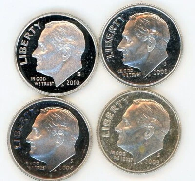 2004 S, 2005 S, 2002 S, 2010 S Proof Silver Roosevelt Dimes (4 Dimes) - Image 1 of 2