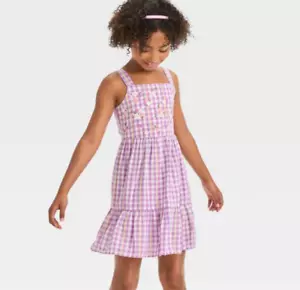 Girls XL 14 Sleeveless Floral Embroidered Lavender Gingham Woven Dress MSRP $20 - Picture 1 of 3